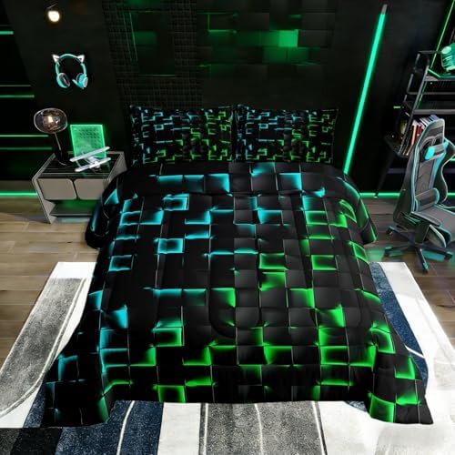 Erosebridal Geometric Checkered Boys Bedding Set Queen Size Neon Teal Green Comforter Set for Kids Teen Men Gamer Room Decor,Abstract Ombre Plaid Comforter Grids Quilt Duvet Black
