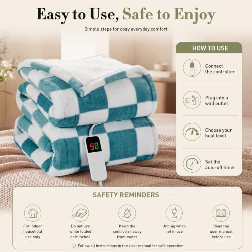 Heated Blanket Electric Throw 50"X60", Heating Blanket Throw, Teal