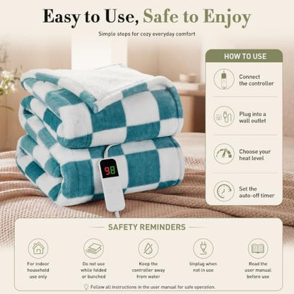 Heated Blanket Electric Throw 50"X60", Heating Blanket Throw, Teal
