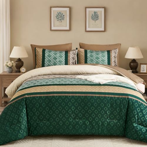 Striped Comforter Set Queen Size,Green and Brown Boho Bed in a Bag