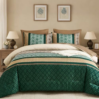 Striped Comforter Set Queen Size,Green and Brown Boho Bed in a Bag