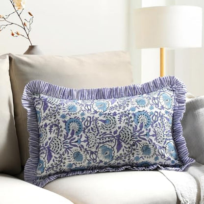 CPC Block Print Indigo Blue Ruffle Cotton Lumbar Pillow Cover 12x20 inch