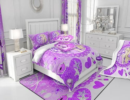 Girly Princess Kids Comforter Set Twin Size,High-heeled Shoes Lip Bowknot Romantic Bedding Set,Girls Women Room Decor,Glitter Sequin Diamond Down Comforter,Purple Dreamy Duvet Insert,1 Pillowcase