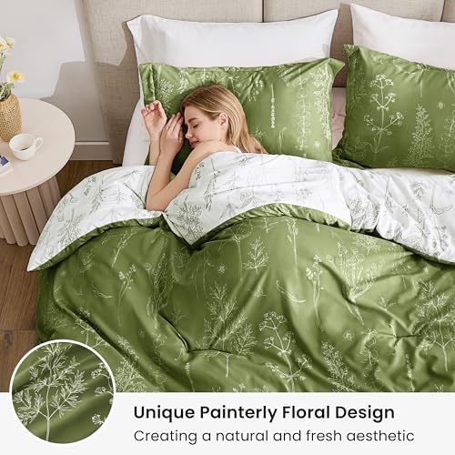 Love's cabin Olive Green King Comforter Set - King Size Comforter Set, 3 Pieces Cute Floral Bedding Sets for All Seasons,1 Soft Reversible Botanical Flowers Comforter and 2 Pillow Shams