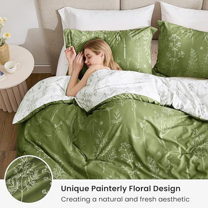 Love's cabin Olive Green King Comforter Set - King Size Comforter Set, 3 Pieces Cute Floral Bedding Sets for All Seasons,1 Soft Reversible Botanical Flowers Comforter and 2 Pillow Shams