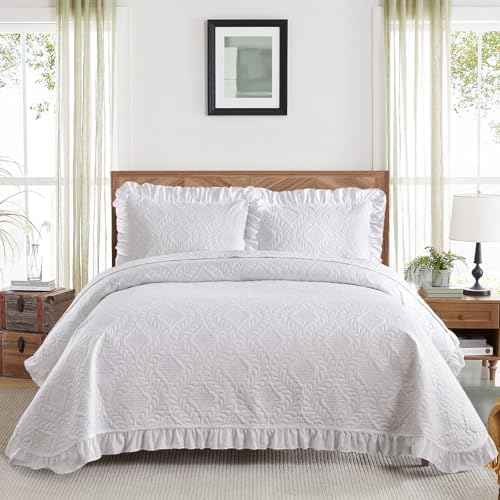 DJY King Size Quilt Sets, White Bedspreads, Ruffled Bedding Set