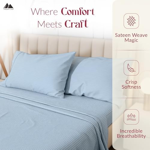 Mayfair Linen Egyptian Cotton Queen Sheets Set - Luxury 800 Series High Thread Count Queen Bed Sheet Set (4 PC, Light Blue - Stripe), Soft Cooling Hotel Quality Bed Sheet Set - Tranquil Collection
