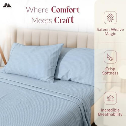 Mayfair Linen Egyptian Cotton Queen Sheets Set - Luxury 800 Series High Thread Count Queen Bed Sheet Set (4 PC, Light Blue - Stripe), Soft Cooling Hotel Quality Bed Sheet Set - Tranquil Collection