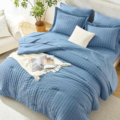 HIMEET King Comforter Set, 7-Piece Seersucker Bed in a Bag, Grayish Blue