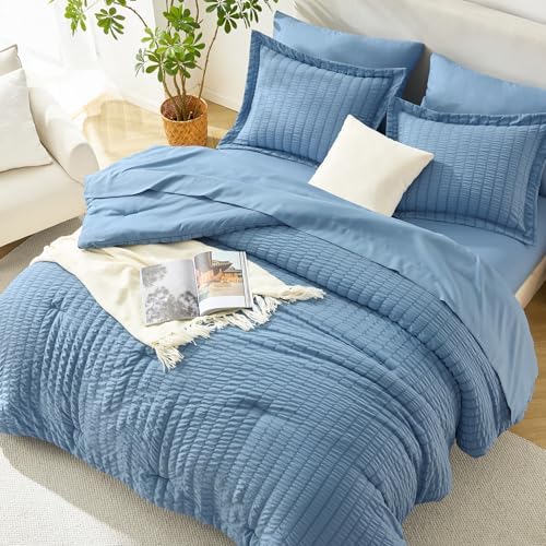 HIMEET Oversized King Comforter Set, 7-Piece Seersucker, Grayish Blue