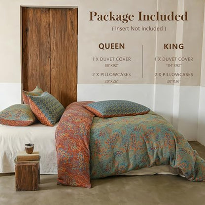 Simple&Opulence Muslin Duvet Cover Set Queen Size, 100% Washed Cotton 3 Pieces Yarn-Dyed Vintage Green Red Floral Jacquard Textured Bedding, Soft & Breathable Gauze Comforter Cover with Zipper Closure