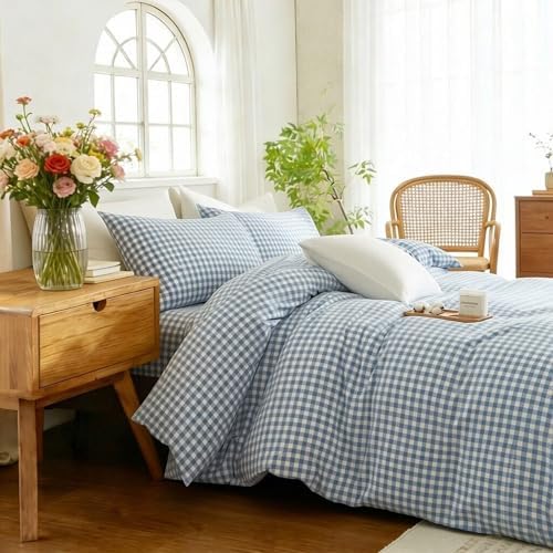 Gingham Duvet Cover Set 3 Piece 100% Washed Cotton Linen Feel Modern Plaid Checkered Bedding Comfy Breathable (Blue/White Gingham, Full)