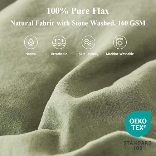 Simple&Opulence 100% Linen Duvet Cover Set 3pcs with Bowknot Ties Closure Natural French Washed Flax Solid Color Soft Breathable Farmhouse Bedding - Sage Green, King Size