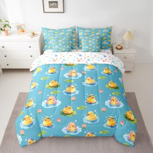 Erosebridal Yellow Rubber Duck King Comforter Set with Sheets 7 piece Cartoon Ducks Bed in A Bag Funny Animal Lotus Bedding Sets for Kids Adults,Cute Pet Rustic Animal Bed Set