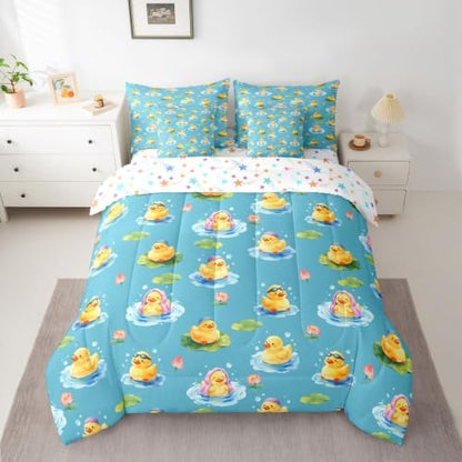 Erosebridal Yellow Rubber Duck King Comforter Set with Sheets 7 piece Cartoon Ducks Bed in A Bag Funny Animal Lotus Bedding Sets for Kids Adults,Cute Pet Rustic Animal Bed Set