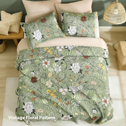 Litanika Floral Green Quilt King - 3Pcs Botanical Birds Bedding Set