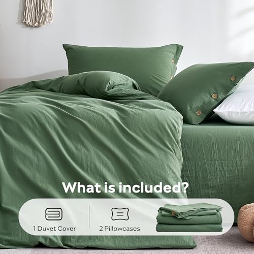 JELLYMONI 100% Washed Cotton Dusty Green Duvet Cover Queen, Linen-Like