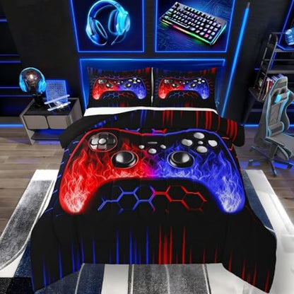 Erosebridal Ombre Art Honeycomb Gaming Consoles Bedding Set Red Blue Neon Lights Game Consoles Toddler Bedding Sets for Boys Geometry Hexagon Beehive Duvet Insert Gamer Room Decor for Boys