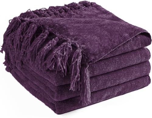 Chenille Throw Blanket for Couch 60" x 80" Twin, Dark Purple