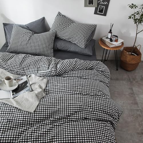 mixinni Black Gingham Comforter Set Full, Plaid Comforter Set 3 Pieces 1 Black Grid Comfoter with 2 Pillow Cases for All Seasons, Soft Fluffy Modern Grid Pattern Printed Bedding-Full Size