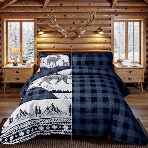 3 Piece Cabin King Size Quilt Sets Farmhouse Rustic Reversible Microfiber Soft Lightweight Bedspread Comforter with 2 Shams Patchwork Country Lodge Bedding Quilts Set for All Season, 106''x96'', Blue