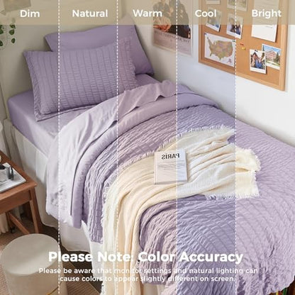 HYMOKEGE Lavender Twin Comforter Set Seersucker 5 Pieces, All Season Luxury Bed in a Bag for Bedroom, Bedding Set with Comforters, Sheets, Pillowcase & Shams