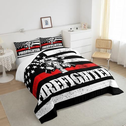 Manfei Firefighter Comforter Set Full Size, American Flag Quilt Set with 2 Pillowcases, Firefighting Theme Bedding Set 3pcs for Kids Boys Teens Bedroom Decor Black White Red Duvet Insert