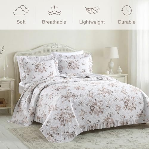 HORIMOTE HOME Khaki Ruffled Quilt Queen Size with 2 Pillow Shams, Shabby Chic Floral Printed Reversible Bedspread Coverlet, Soft Lightweight Comforter Bed Cover for All Season, 3 Pieces, 90x96 inches