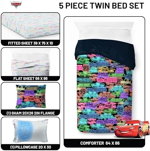 Disney Pixar Cars McQueen Twin Comforter Set 5 Piece Kids Bedding, Black