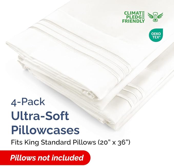 King Standard Pillow Cases Set of 4 - Soft Hotel Quality Pillowcase Covers - Comfy Bedding for Women, Men, Kids & Teens - Machine Washable Pillow Protectors - 4 Piece Set - King Standard Antique White