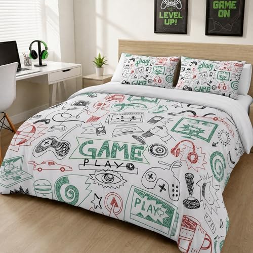 Game Comforter Sets for Boys Teen Twin Size,Kids Video Games Bedding Set Sketch Style Athletic Racing Game Design Bedroom Home Decor