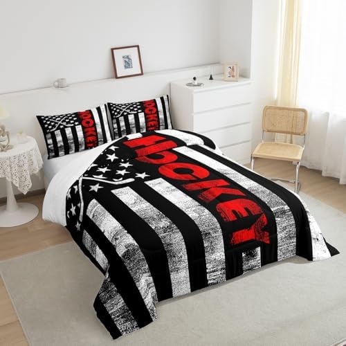 Ice Hockey Comforter Set Full,Puck Hockey Sport Games Bedding Set for Kids Boys Teens Men,Black White American Flag Bedding Comforter Set,Retro United States Flag Quilt Duvet Set 2 Pillow Cases