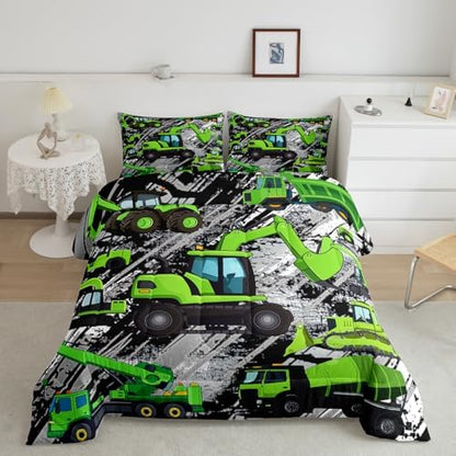 Excavator Down Comforter, Kids Boys Cartoon Car Comforter Set Full, Children Tractor Truck Duvet Sets Girls Construction Vehicle Bulldozer Bedding Set 3 Pieces with 2 Pillow Cases, Green Gray