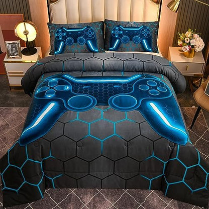 NTBED Game Console Comforter Set for Boys Girls Kids 3D Gaming Geometric Lightweight Microfiber Bedding Sets (Blue, King)