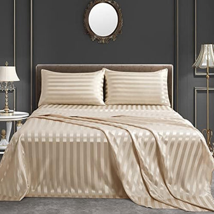 SiinvdaBZX 4Pcs Satin Striped Sheet Full Size Set Italian Style, Beige