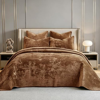 Oversized King Bedspread 120x128 Striped Soft Velvet Quilt Set