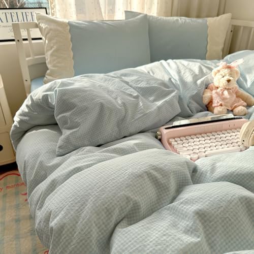 LifeTB Blue Gingham Comforter Set Full Size Romantic Lace Style Checkered Plaid Comforter Set 3 Pieces Blue Grid Bed Comforter with 2 Pillowcases Soft Fluffy Farmhouse Plaid Gingham Bedding Set