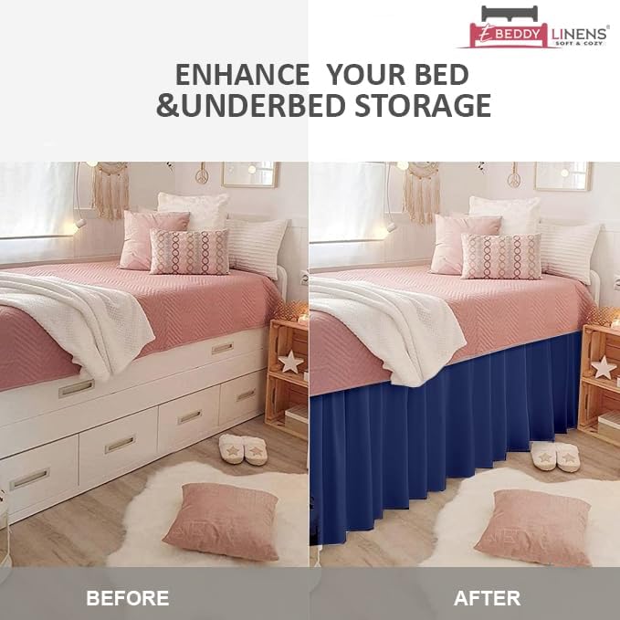 eBeddy Linens Split Corner Dust Ruffle Dorm Bed Skirt Twin XL – 34 Inch Drop, 100% Microfiber, Extra Long Bed Skirt for College Dorm, Platform Style, Lake Blue Solid, Hidden Storage Solution, Easy Fit