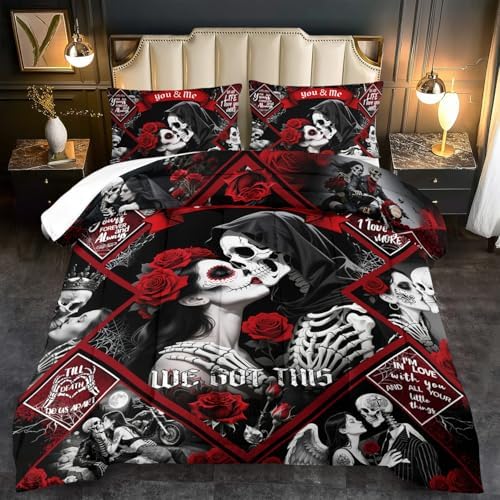 Red Skull Comforter Set Twin Size Women Men Black Goth Bedding Set Girls Gothic Twin Size Comforter Couple Red Rose Couple Bedding Boho Skull Quilt Bedroom Decor