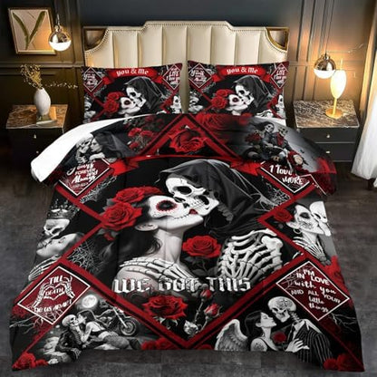 Red Skull Comforter Set Twin Size Women Men Black Goth Bedding Set Girls Gothic Twin Size Comforter Couple Red Rose Couple Bedding Boho Skull Quilt Bedroom Decor