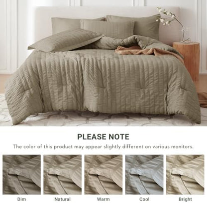 MUXHOMO 5 Pieces Twin Comforter Set, Seersucker Bed in a Bag Twin Size, All Season Luxury Bedding Set with Comforter, Flat Sheet, Fitted Sheet, Pillowcase & Sham, Linen