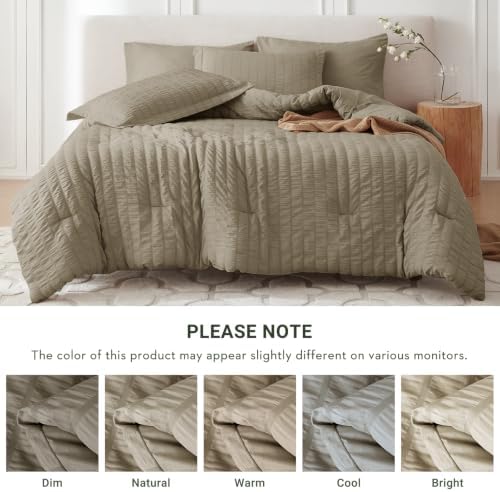 MUXHOMO 7 Pieces Full Comforter Set, Seersucker Bed in a Bag Full Size, All Season Luxury Bedding Set with Comforter, Flat Sheet, Fitted Sheet, Pillowcases & Shams, Linen