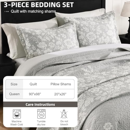 100% Cotton Reversible Floral Quilt Set, Gray, Queen Size, 90x98