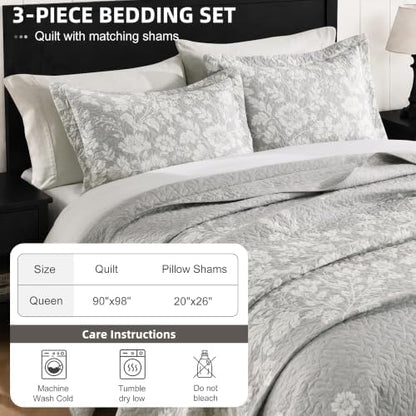 100% Cotton Reversible Floral Quilt Set, Gray, Queen Size, 90x98