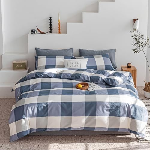 mixinni Twin XL Comforter Set Soft Fluffy Modern Style Checkered Pattern Comforter for Boys Mens, 1 Blue White Grey Geometric Comforter and 2 Pillowcases, All Seasons-Twin XL Size
