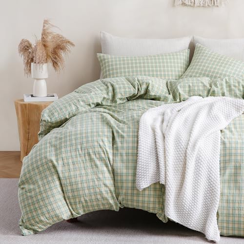 TOCOMOA Plaid Duvet Cover Set 100% Washed Cotton Like Linen, Queen