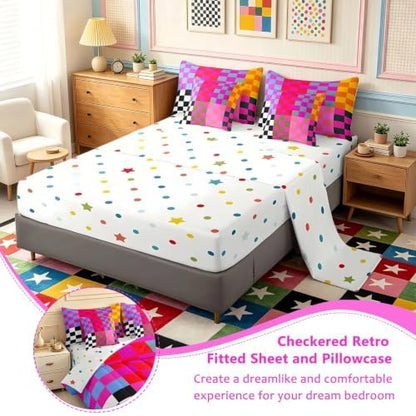 Feelyou Multicolored Checkered Retro 7 Piece Bedding Set Kids Boys Girls Geometric Vintage Comforter Set with Sheets Twin Size Black Red Purple Bed in a Bag Modern Simple Groovy Aesthetic Room Decor