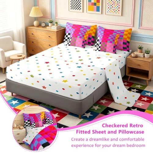 Feelyou Multicolored Checkered Retro 7 Piece Bedding Set Kids Boys Girls Geometric Vintage Comforter Set with Sheets Queen Size Black Red Purple Bed in a Bag Modern Simple Groovy Aesthetic Room Decor