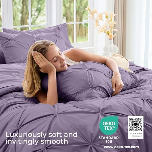Sasttie California King Comforter Set, 7-Piece Bed in a Bag, Pintuck Bedding Sets for All Season, Includes Comforter, Flat Sheet, Fitted Sheet, Pillowcases and Pillowshams, New Purple