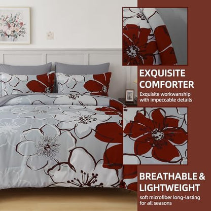 Anibedding 7Pieces Red Floral Comforter Set King Size, Soft Microfiber Red Grey Bed in a Bag Comforter Set with Sheets for All Season